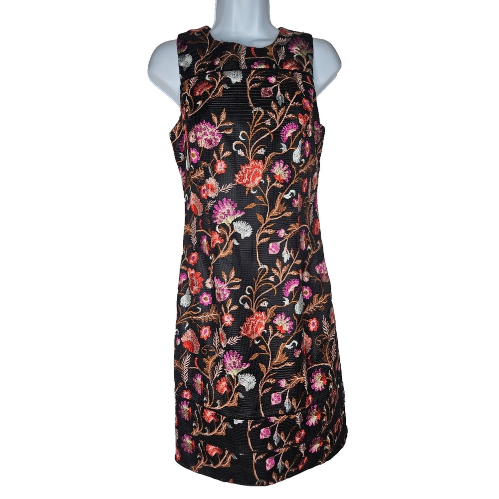 WHBM‎ Floral Embroidered Shift Dress Black Sleeveless Textured Size 2